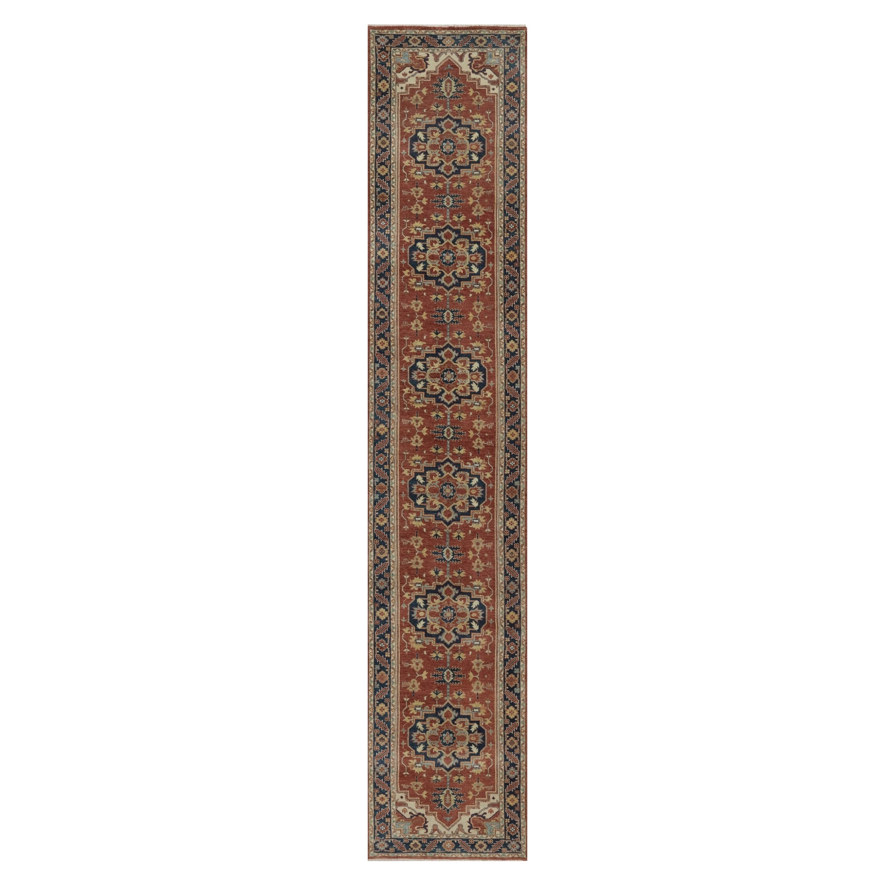 2'7"x14' Auburn Red, Antiqued Fine Heriz Re-Creation, Medallions Design, Hand Knotted, Hand Spun New Zealand Wool, Vegetable Dyes, Soft Pile, Denser Weave, Runner, Oriental Rug 
